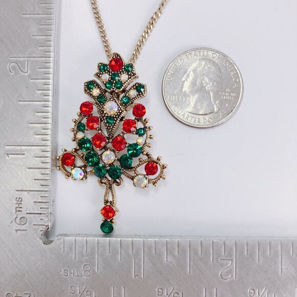 Vintage Gold Tone Christmas Tree Necklace Mid Century Rhinestone AB Sparkling - Picture 10 of 12